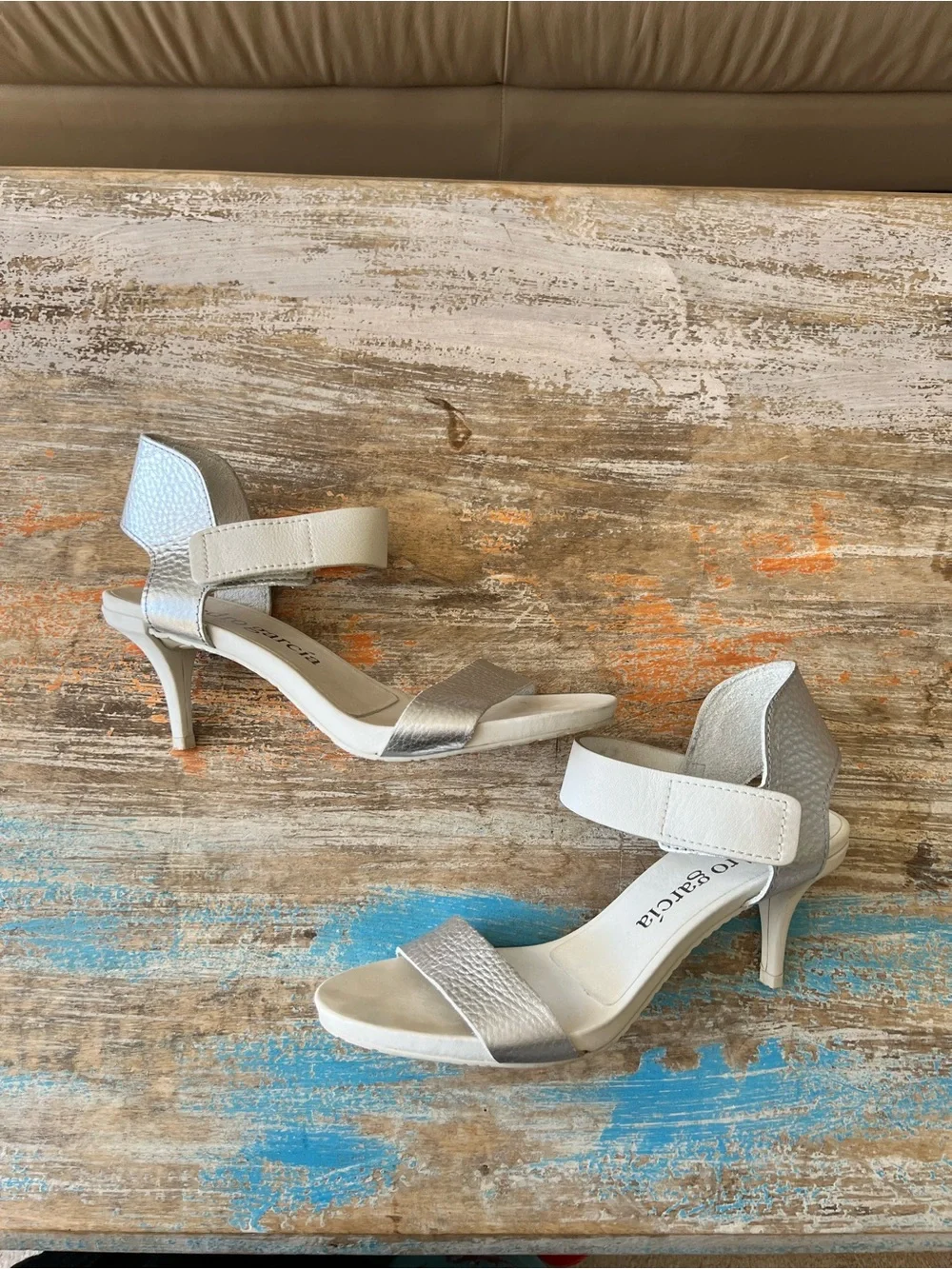 Pedro Garcia Silver and Cream Two-Strap Heeled Sandal Size 40.5/10 1/2